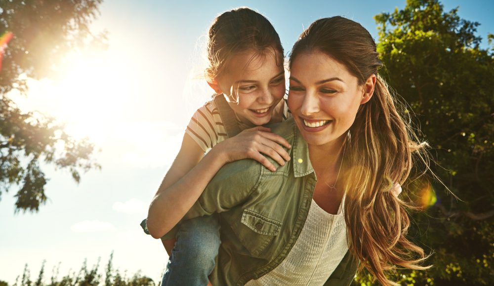 Mother,,Child,And,Outdoor,For,Piggy,Back,With,Smile,,Bonding