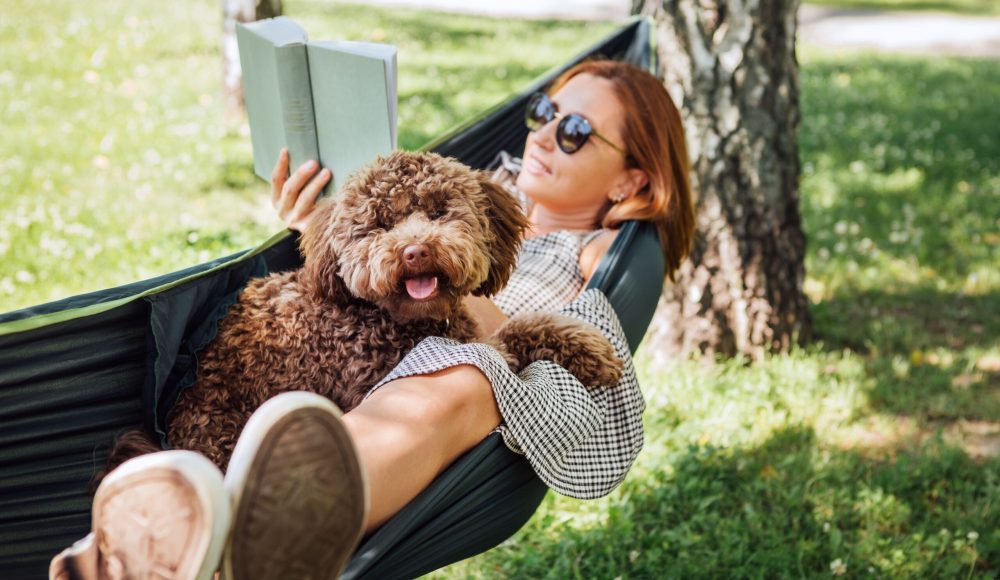 Woman,Reading,Book,Relaxing,In,Hammock,With,Her,Fluffy,Brown
